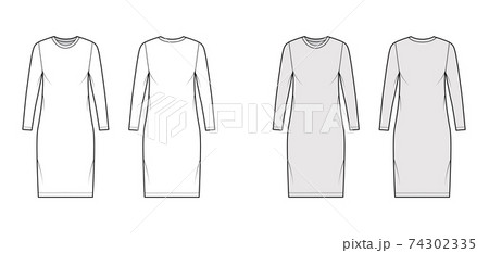 T-shirt dress technical fashion illustration with crew neck, long sleeves, knee length, oversized, Pencil fullness. Flat T-shirt dress technical fashion illustration with crew neck, long sleeves, knee length, oversized, Pencil fullness. Flat 74302335