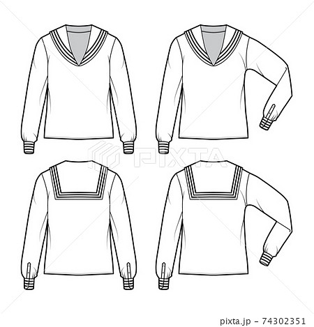 Set of shirts middy sailor suit technical fashion illustration with long sleeves, tunic length, oversized. Flat apparel Set of shirts middy sailor suit technical fashion illustration with long sleeves, tunic length, oversized. Flat apparel 74302351