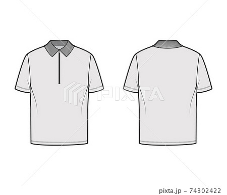 Shirt zip polo technical fashion illustration with short sleeves, tunic length, henley neck, oversized, flat knit collar 74302422