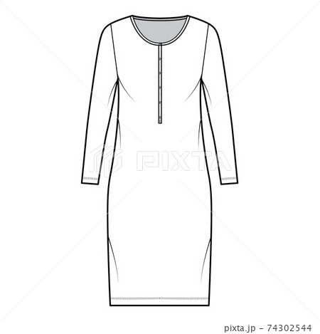 Shirt dress technical fashion illustration with henley neck, long sleeves, knee length, oversized, Pencil fullness. Flat 74302544