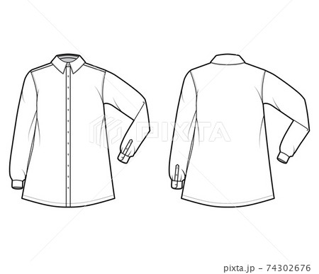 Shirt trapeze technical fashion illustration with elbow folded long sleeves with cuff, classic regular collar, oversized Shirt trapeze technical fashion illustration with elbow folded long sleeves with cuff, classic regular collar, oversized 74302676