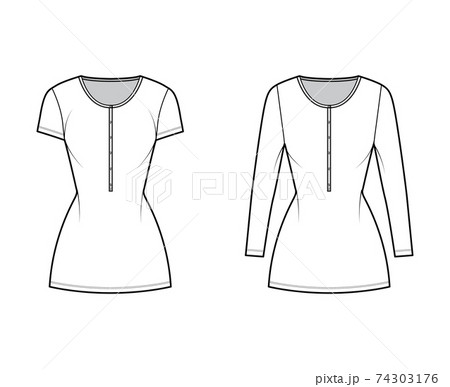Set of Shirt dresses mini technical fashion illustration with henley neck, short, long sleeves, fitted body, stretch 74303176