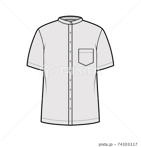 Shirt nehru collar technical fashion illustration with short sleeves, angled pocket, mandarin neck. Flat indian jacket 74303317