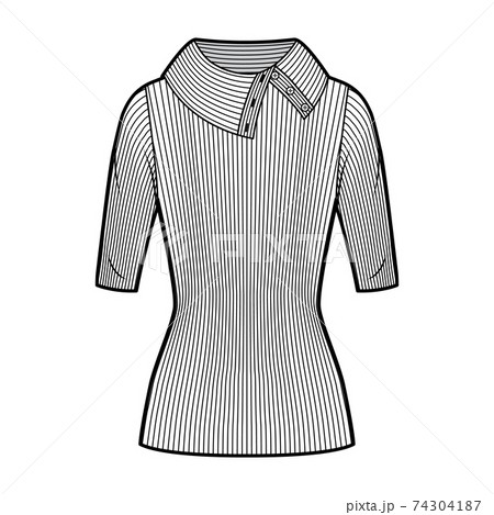 Wide button-up turtleneck ribbed-knit sweater technical fashion illustration with elbow sleeves, tunic length.  74304187