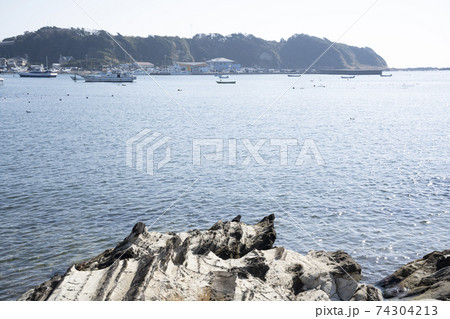 神奈川県三浦市の江奈湾岩場から海を見た風景 神奈川県三浦市の江奈湾岩場から海を見た風景 74304213