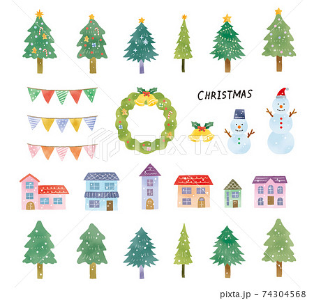 クリスマスツリーと街並みのイラストセットのイラスト素材