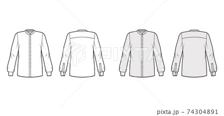 Shirt technical fashion illustration with rounded mandarin collar, long sleeves with cuff, oversized, back round yoke 74304891