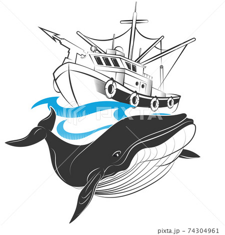 Whaling ship on waves and whale 74304961