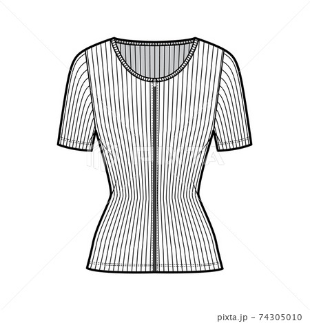 Zip-up ribbed cotton-jersey top technical fashion illustration with short sleeves, slim fit, scoop henley neckline shirt 74305010