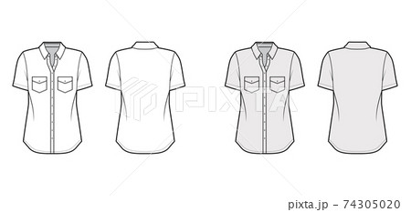 Classic shirt technical fashion illustration with angled pockets, short sleeves, relax fit, front button-fastening 74305020