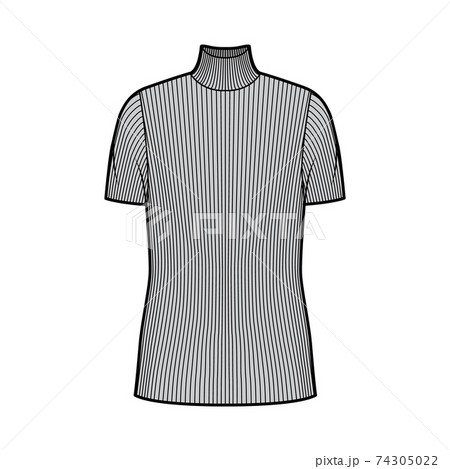 Turtleneck ribbed-knit sweater technical fashion illustration with short rib sleeves, oversized body, tunic length.  74305022