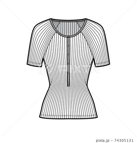 Ribbed cotton-jersey top technical fashion illustration with short raglan sleeves, slim fit, scoop henley neckline 74305131