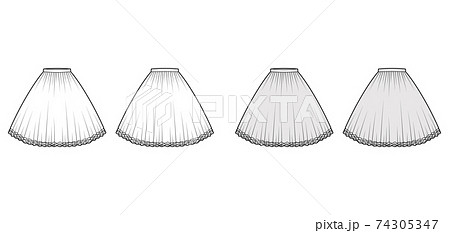 Skirt tutu crinoline technical fashion illustration with knee silhouette, circular fullness, thin waistband. Flat bottom Skirt tutu crinoline technical fashion illustration with knee silhouette, circular fullness, thin waistband. Flat bottom 74305347