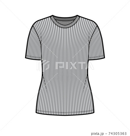 Ribbed crew neck knit t-shirt technical fashion illustration with short rib sleeves, oversized body flat outwear apparel Ribbed crew neck knit t-shirt technical fashion illustration with short rib sleeves, oversized body flat outwear apparel 74305363