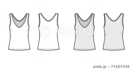 Cotton-jersey tank technical fashion illustration with oversized body, deep V-neckline, elongated hem. Flat apparel  74305546