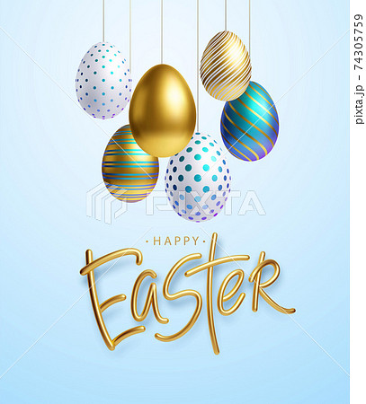 Easter greeting background with realistic golden, blue, white Easter eggs. Vector illustration 74305759