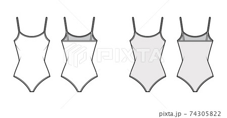 Cotton-jersey tank bodysuit technical fashion illustration with fitted knit body, sleeveless. Flat outwear cami 74305822