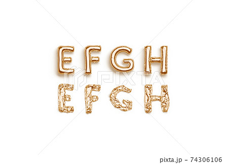 Inflated, deflated gold E F G H letters, balloon font Inflated, deflated gold E F G H letters, balloon font 74306106