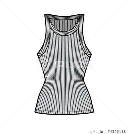 Ribbed racer-back cotton-jersey tank technical fashion illustration with wide scoop neck, fitted knit body, tunic length 74306118