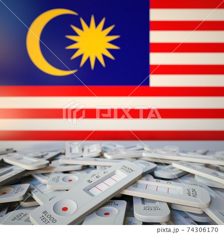 Coronavirus rapid antigen tests and flag of Malaysia. Pandemic concept 3D rendering Coronavirus rapid antigen tests and flag of Malaysia. Pandemic concept 3D rendering 74306170