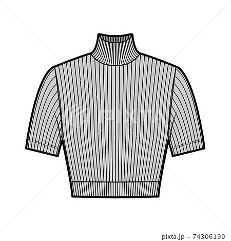 Cropped turtleneck ribbed-knit sweater technical fashion illustration with short sleeves, close-fitting shape. Cropped turtleneck ribbed-knit sweater technical fashion illustration with short sleeves, close-fitting shape. 74306199