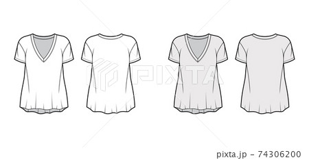 Boyfriend slub cotton-jersey T-shirt technical fashion illustration with V-neckline, short sleeves, relaxed silhouette. 74306200