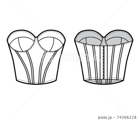Bustier longline corsetry bra lingerie technical fashion illustration with molded cup, bones, hook-and-eye closure. Flat 74306228