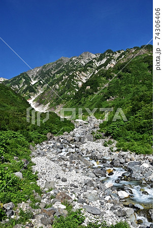 白馬岳 真夏の白馬尻 大雪渓と雪解け水の流れ 白馬岳 真夏の白馬尻 大雪渓と雪解け水の流れ 74306406