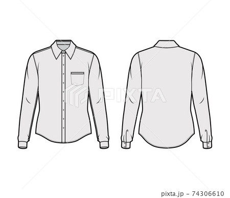 Classic shirt technical fashion illustration with long sleeves with cuff, front button-fastening, collar, welt pocket Classic shirt technical fashion illustration with long sleeves with cuff, front button-fastening, collar, welt pocket 74306610
