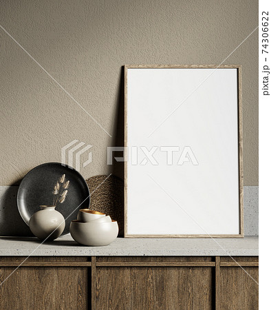 Beige kitchen interior with stone countertop, decor and frame. 3d render illustration mock up. 74306622