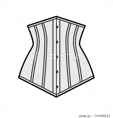 Pointed waist cincher back laced longline corsetry lingerie technical fashion illustration with bones Flat belt template 74306623