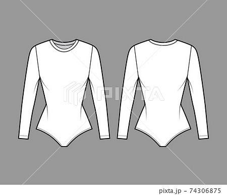 Stretch-jersey bodysuit technical fashion illustration with crew neck, long sleeves, fitted body. Flat one-piece Stretch-jersey bodysuit technical fashion illustration with crew neck, long sleeves, fitted body. Flat one-piece 74306875