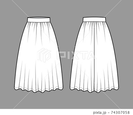Skirt dirndl technical fashion illustration with below-the-knee lengths, semi-circular fullness, thick waistband . Flat 74307058