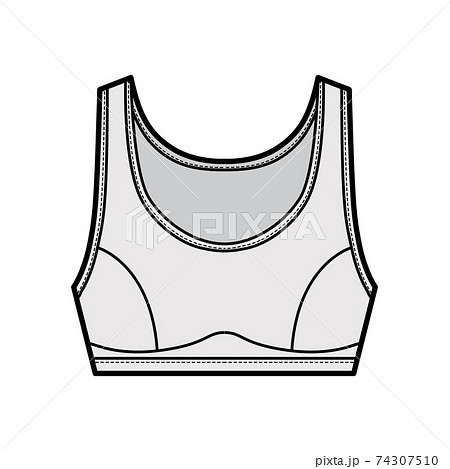 Sport Bra lingerie top technical fashion illustration with wide shoulder straps. Flat brassiere template  74307510