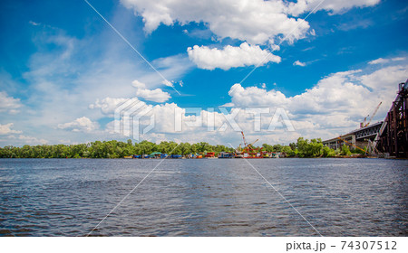 Rusty unfinished bridge in Kiev, Ukraine panorama 74307512