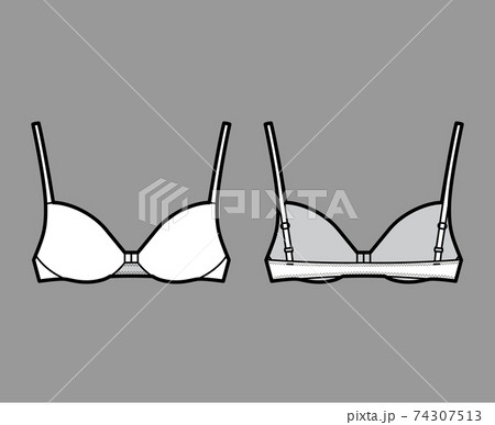Bra front closure lingerie technical fashion illustration with full adjustable shoulder straps, molded cups. Flat 74307513