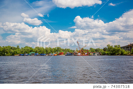 Rusty unfinished bridge in Kiev, Ukraine panorama 74307518