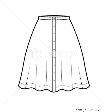 Skirt button down technical fashion illustration with semi-circular knee silhouette fullness. Flat bottom template 74307690