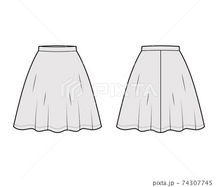 Skirt flared skater technical fashion illustration with above-the-knee silhouette, semi-circular fullness. Flat bottom 74307745