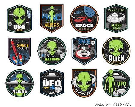 Aliens, ufo area and space shuttles vector icons 74307776