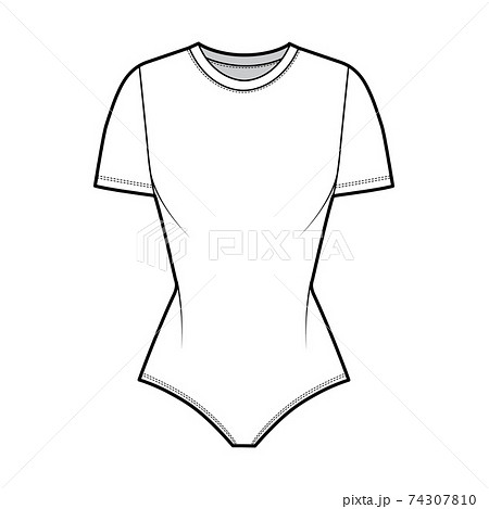 Stretch-jersey bodysuit technical fashion illustration with crew neck, short sleeves, fitted body. Flat one-piece Stretch-jersey bodysuit technical fashion illustration with crew neck, short sleeves, fitted body. Flat one-piece 74307810