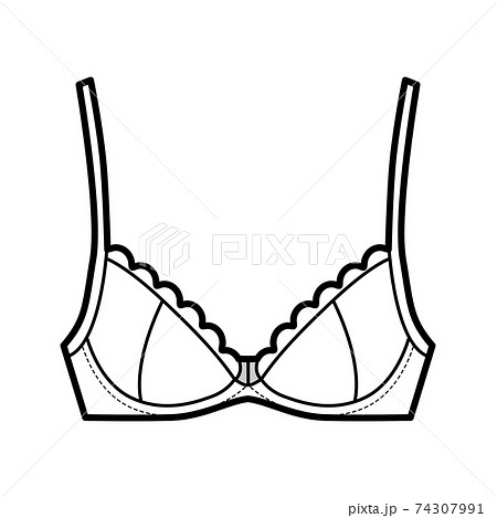 Bra scalloped cups lingerie technical fashion illustration with full adjustable shoulder straps, hook-and-eye closure 74307991