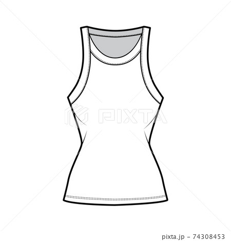 Cotton-jersey racer-back tank technical fashion illustration with fitted body, wide scoop neckline. Flat outwear cami 74308453