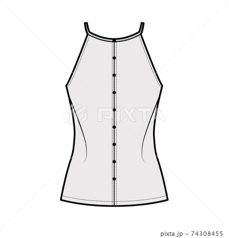 Camisole technical fashion illustration with relaxed fit, thin, racerback straps, row of buttons. Flat outwear tank  74308455