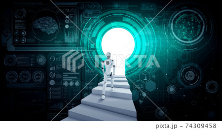 3D rendering robot humanoid walk up stair to success 3D rendering robot humanoid walk up stair to success 74309458
