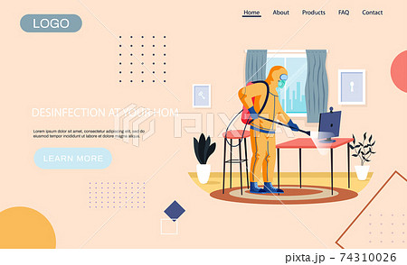 Disinfection in your home landing page temlate with sanitary worker disinfects living room 74310026