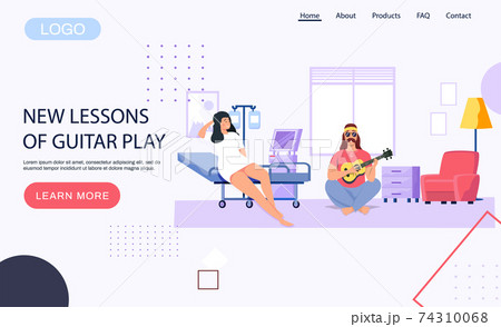 Male bard sits with ukulele. Man sings for girl in hospital. Website with new lessons of guitar play Male bard sits with ukulele. Man sings for girl in hospital. Website with new lessons of guitar play 74310068