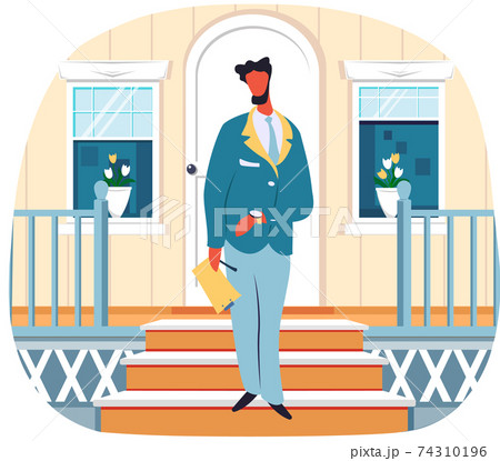 Cute businessman in blue suit holding clip board standing on steps looking at clock on his hand 74310196