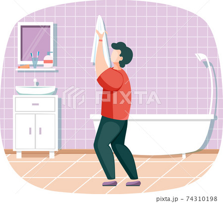 Personal hygiene and cleanliness, daily body care routine, man wipes his face with towel in bathroom 74310198