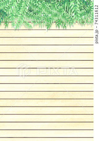 新緑の葉と白い木の板の背景 縦のイラスト素材